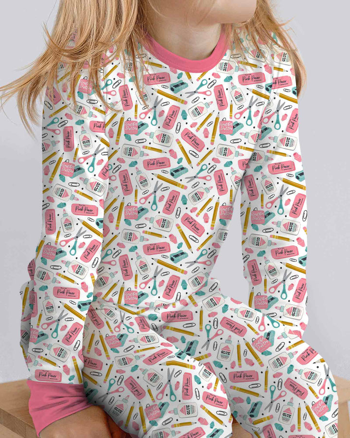 Pink Power School Supplies Bamboo Two Piece Long Sleeve Pajama Set