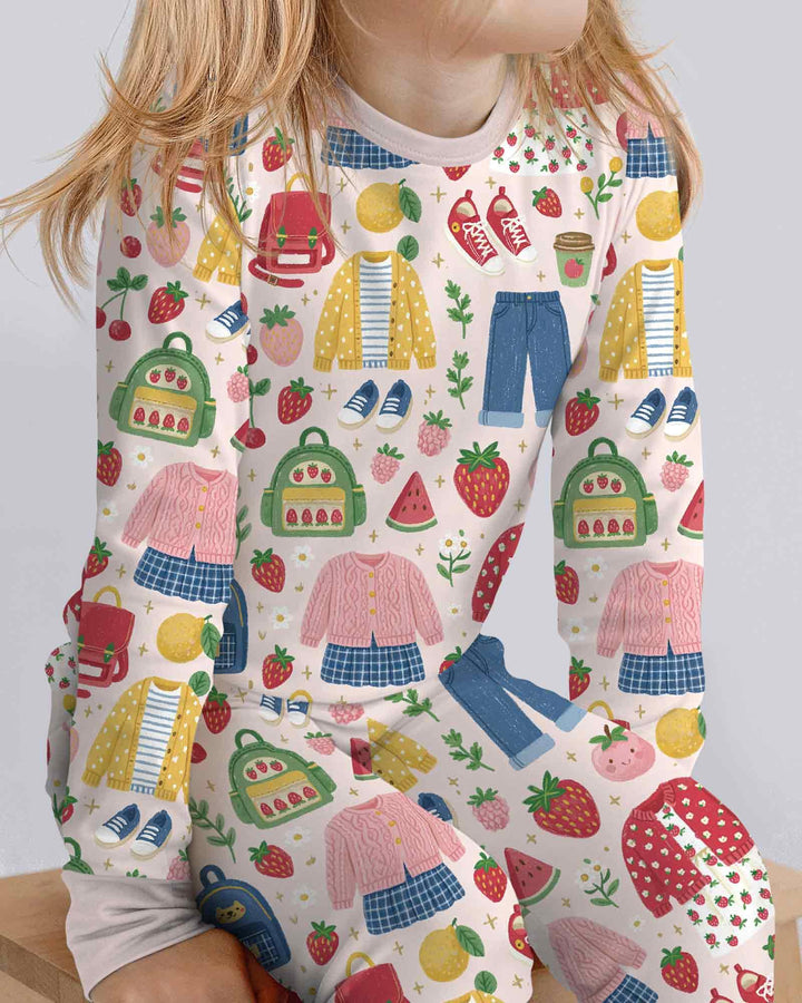 Strawberry School Style Bamboo Two Piece Long Sleeve Pajama Set