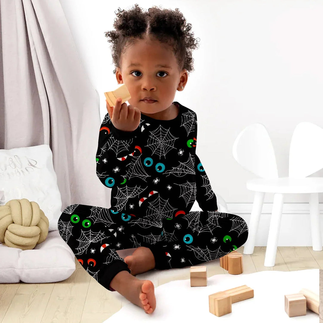 Glow In The Dark Creepy Spiderweb Two Piece Long Sleeve Pajama Set - Zumbamboo