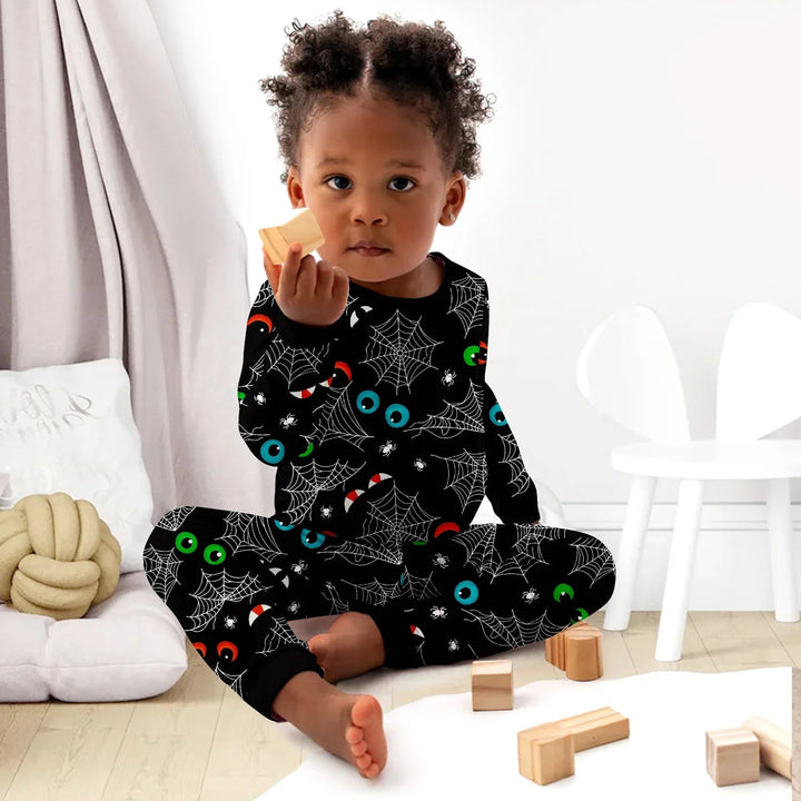 Glow In The Dark Creepy Spiderweb Two Piece Long Sleeve Pajama Set - Zumbamboo