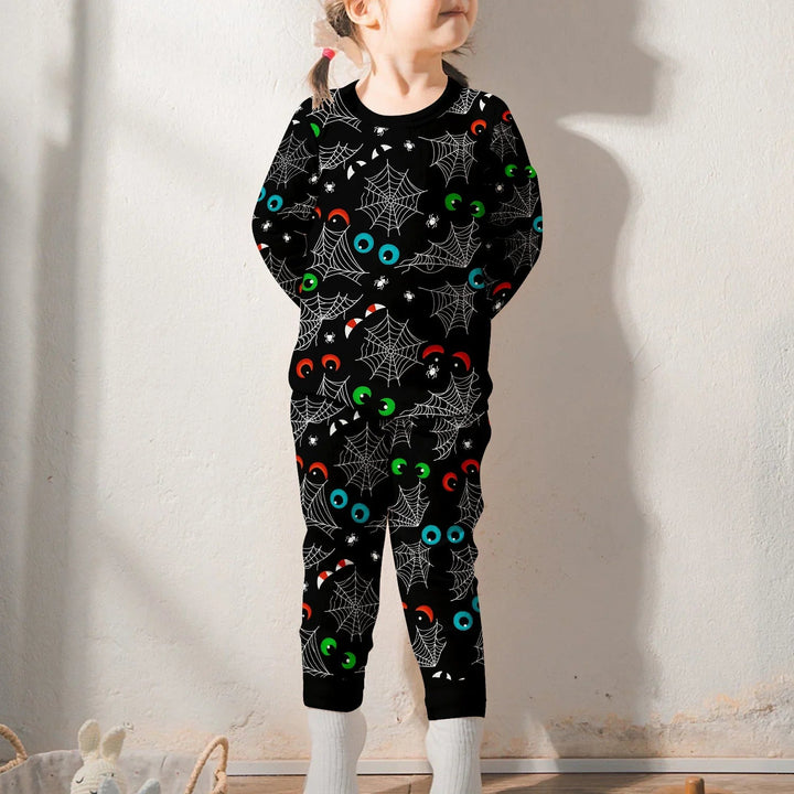 Glow In The Dark Creepy Spiderweb Two Piece Long Sleeve Pajama Set - Zumbamboo