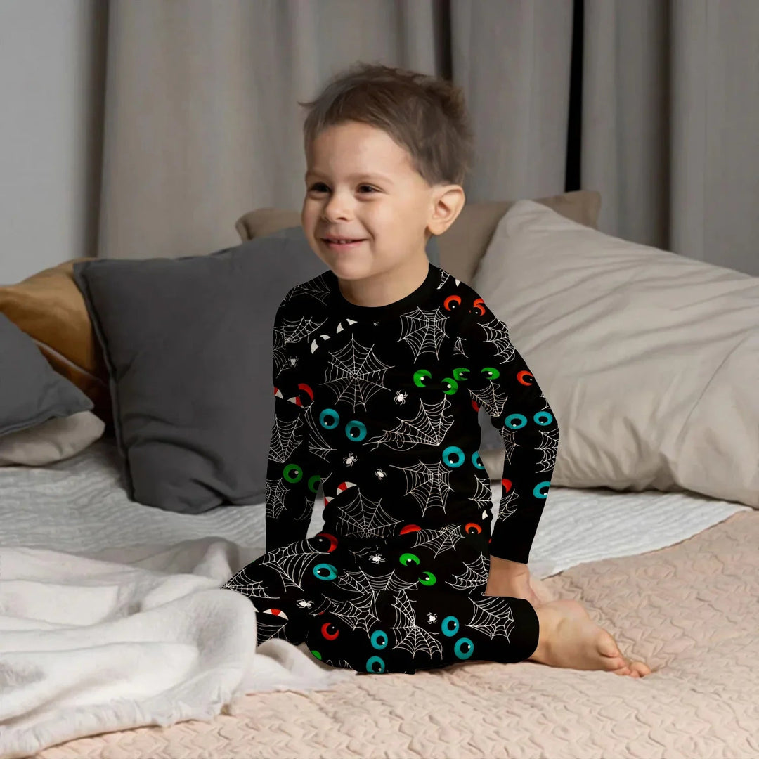 Glow In The Dark Creepy Spiderweb Two Piece Long Sleeve Pajama Set - Zumbamboo