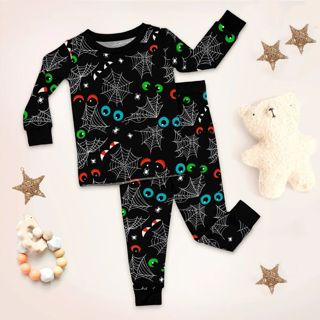 Glow In The Dark Creepy Spiderweb Two Piece Long Sleeve Pajama Set - Zumbamboo