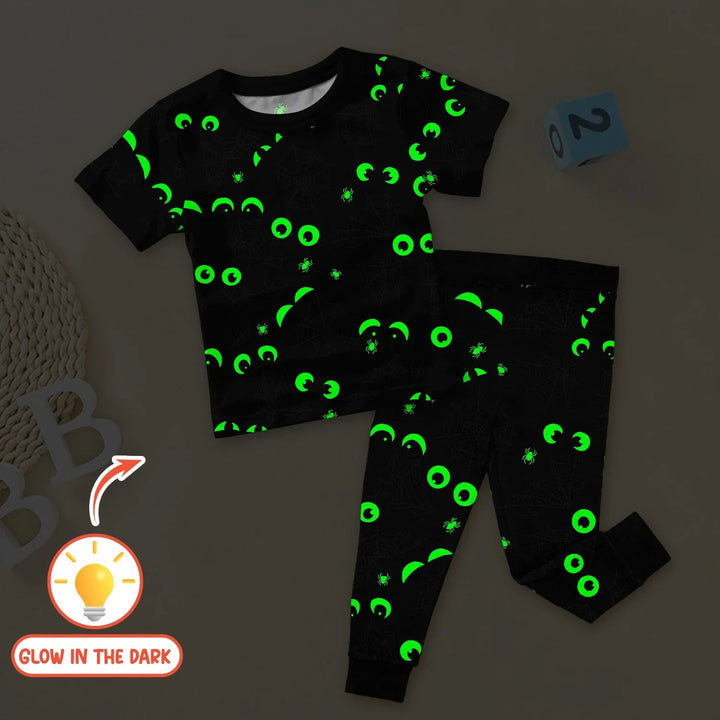 Glow In The Dark Creepy Spiderweb Two Piece Short Sleeve Pajama Set - Zumbamboo