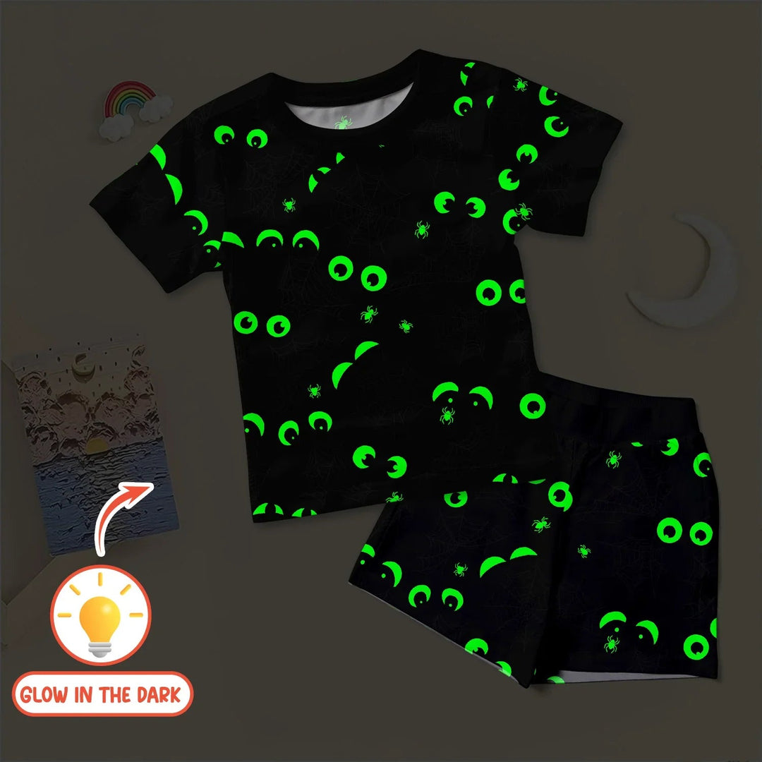 Glow In The Dark Creepy Spiderweb Two Piece Short Sleeve Shorts Pajama Set - Zumbamboo