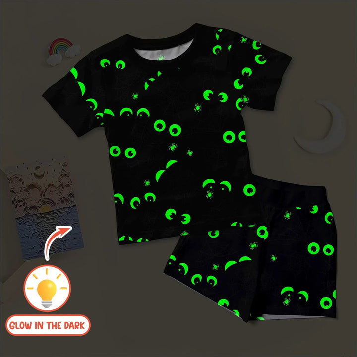 Glow In The Dark Creepy Spiderweb Two Piece Short Sleeve Shorts Pajama Set - Zumbamboo