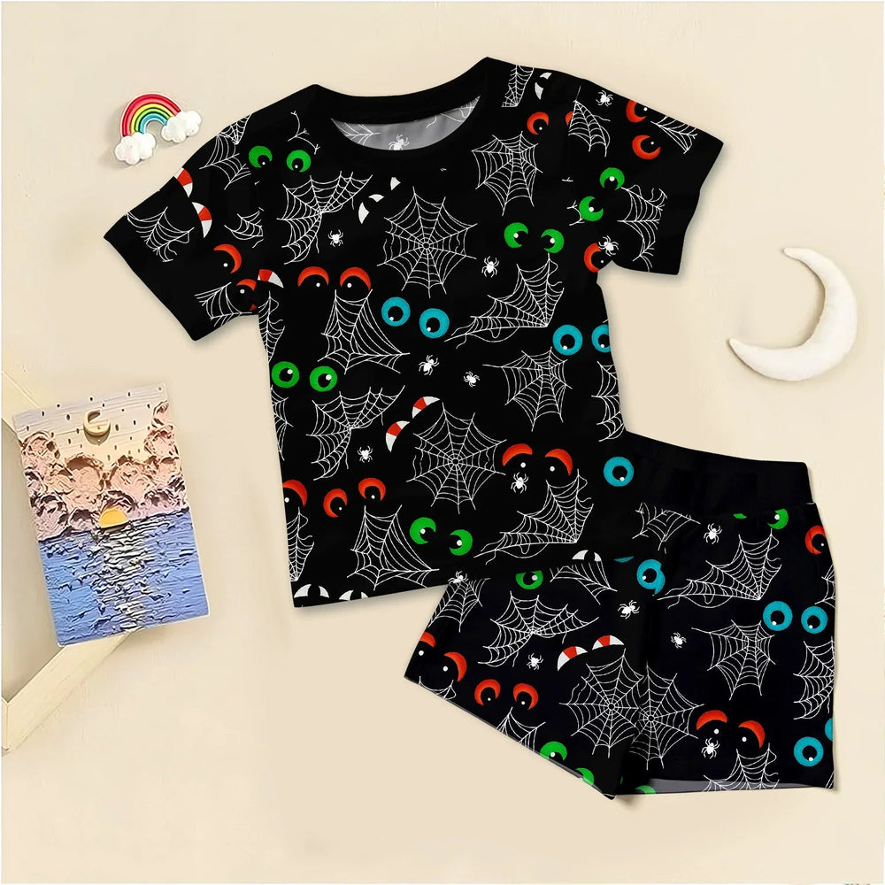 Glow In The Dark Creepy Spiderweb Two Piece Short Sleeve Shorts Pajama Set - Zumbamboo