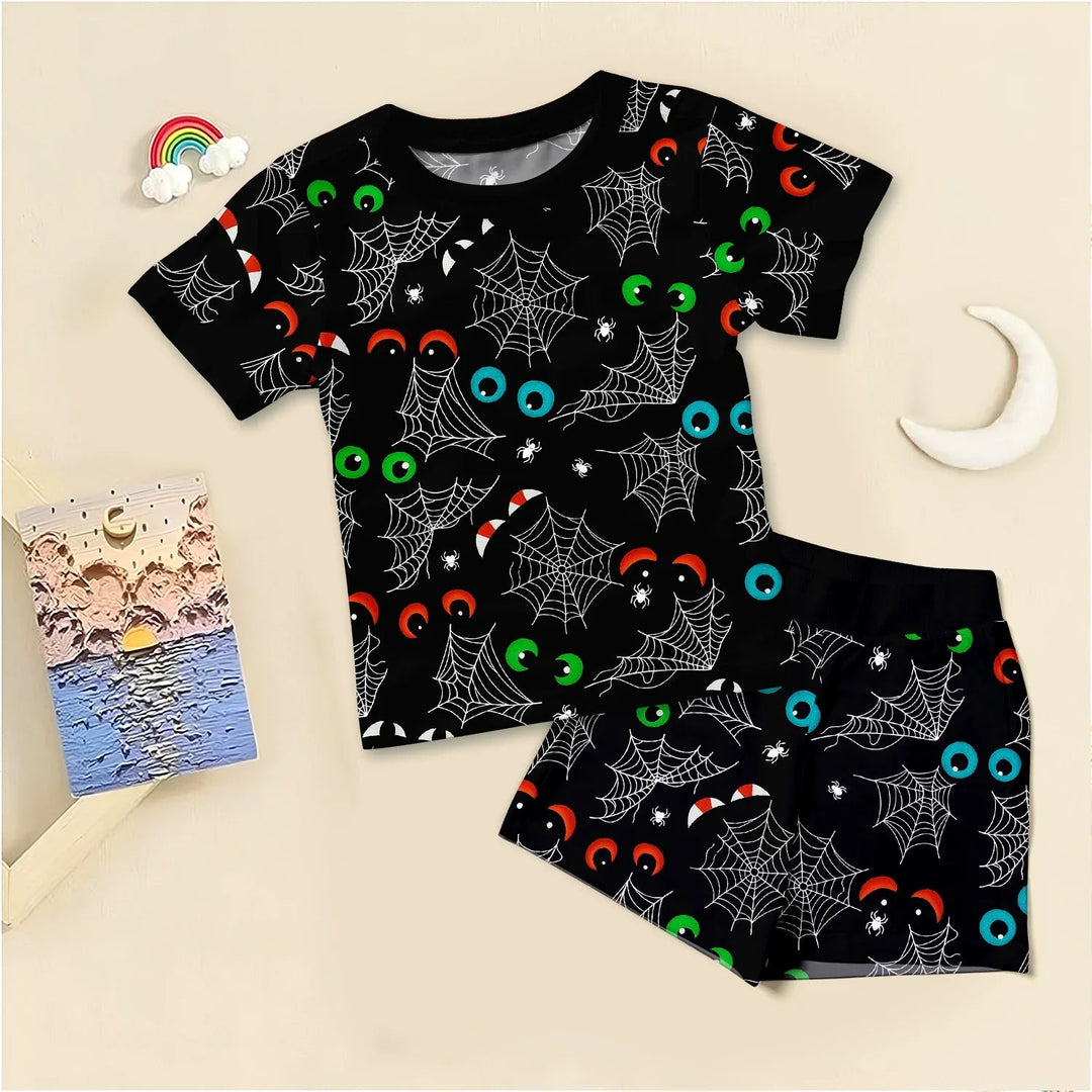 Glow In The Dark Creepy Spiderweb Two Piece Short Sleeve Shorts Pajama Set - Zumbamboo