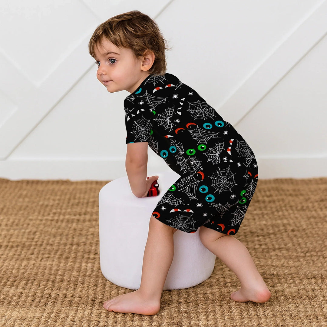 Glow In The Dark Creepy Spiderweb Two Piece Short Sleeve Shorts Pajama Set - Zumbamboo