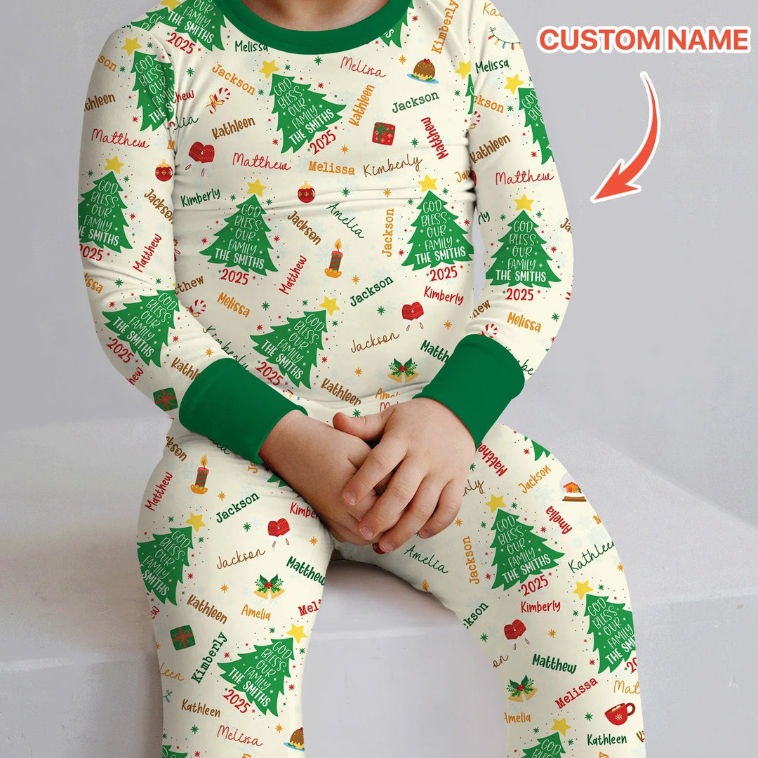 God Bless Our Family Custom Name Two Piece Long Sleeve Pajama Set , God Bless Our Family Custom Name Two Piece Long Sleeve Pajama Set - 12-18M