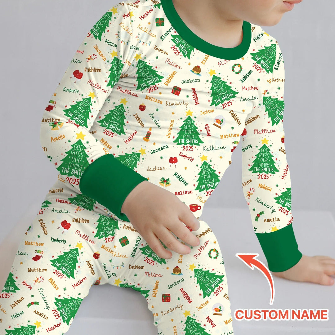 God Bless Our Family Custom Name Two Piece Long Sleeve Pajama Set , God Bless Our Family Custom Name Two Piece Long Sleeve Pajama Set - 12-18M