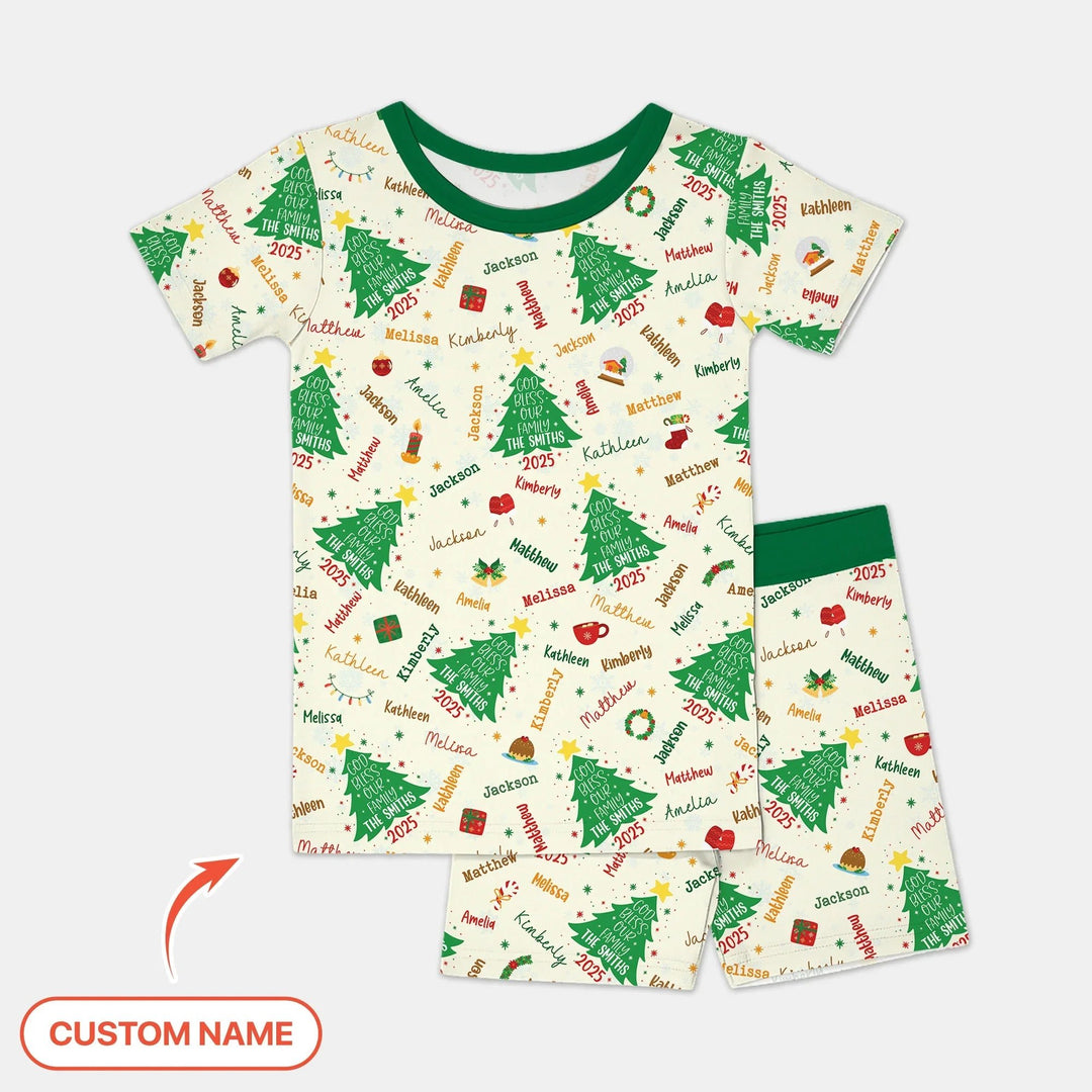 God Bless Our Family Custom Name Two Piece Short Sleeve Shorts Pajama Set , God Bless Our Family Custom Name Two Piece Short Sleeve Shorts Pajama Set - 12-18M