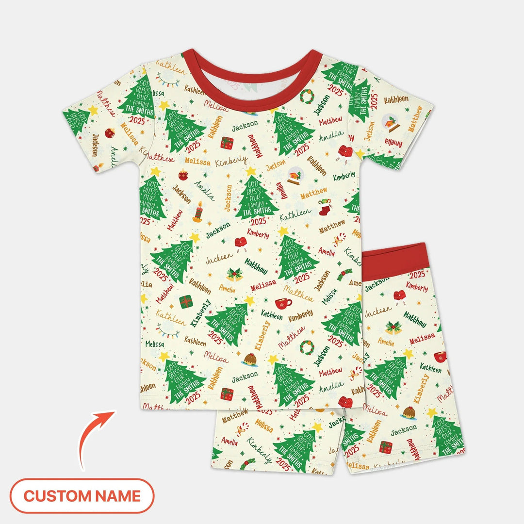 God Bless Our Family Custom Name Two Piece Short Sleeve Shorts Pajama Set , God Bless Our Family Custom Name Two Piece Short Sleeve Shorts Pajama Set - 12-18M