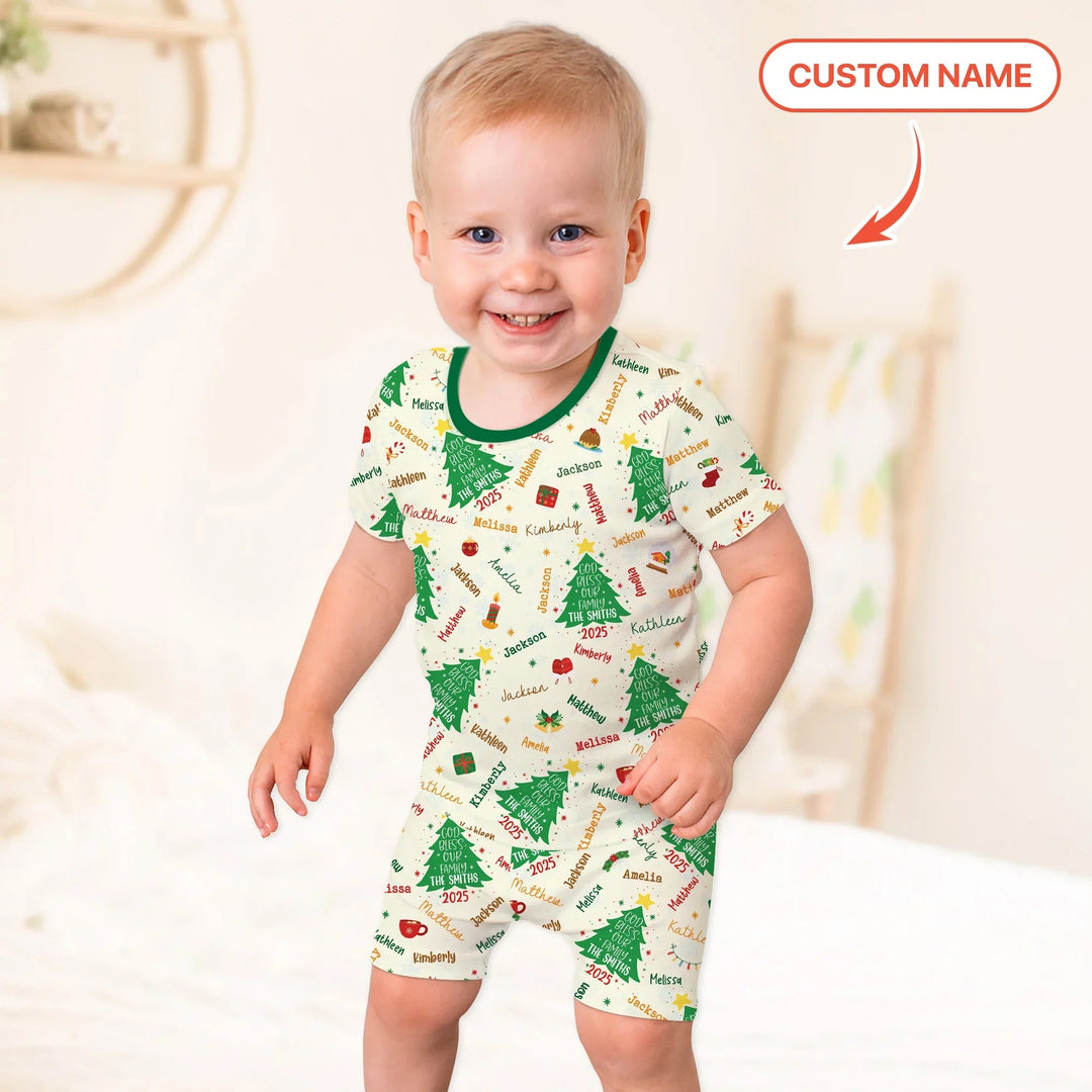 God Bless Our Family Custom Name Two Piece Short Sleeve Shorts Pajama Set , God Bless Our Family Custom Name Two Piece Short Sleeve Shorts Pajama Set - 12-18M