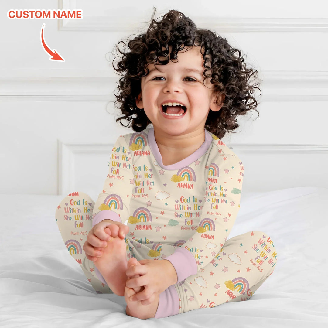 God Is Within Her She Will Not Fall Custom Name Two Piece Long Sleeve Pajama Set - Zumbamboo