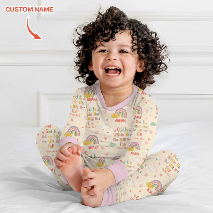 God Is Within Her She Will Not Fall Custom Name Two Piece Long Sleeve Pajama Set - Zumbamboo