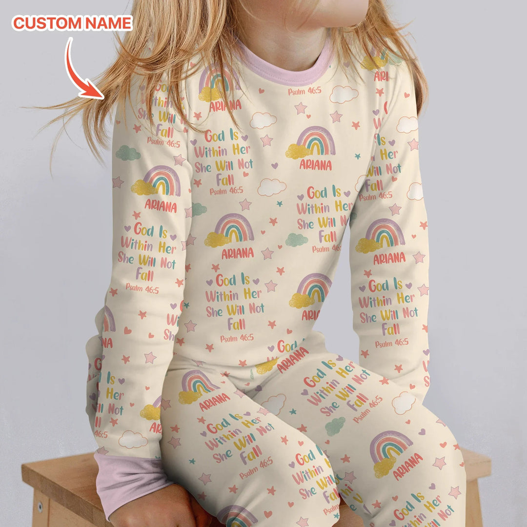 God Is Within Her She Will Not Fall Custom Name Two Piece Long Sleeve Pajama Set - Zumbamboo