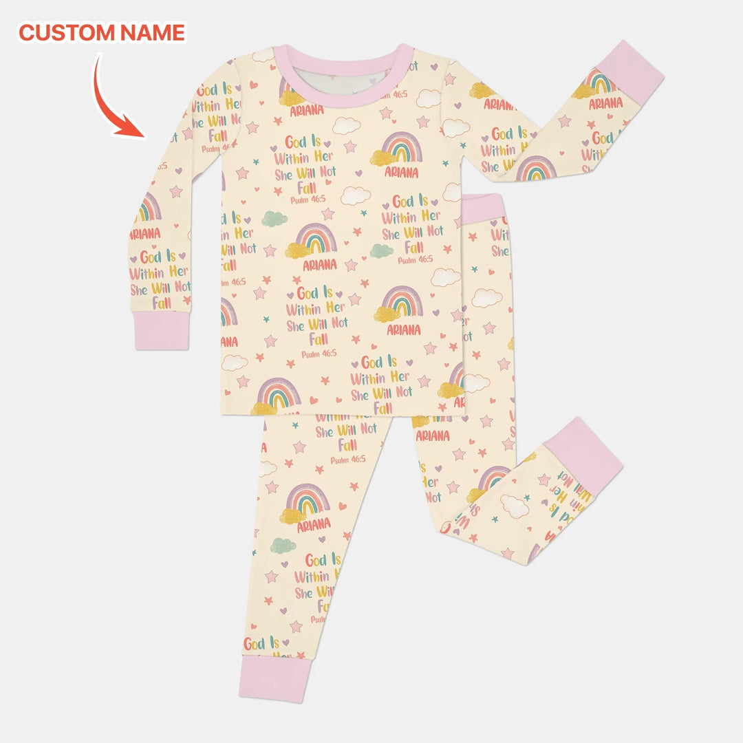 God Is Within Her She Will Not Fall Custom Name Two Piece Long Sleeve Pajama Set - Zumbamboo