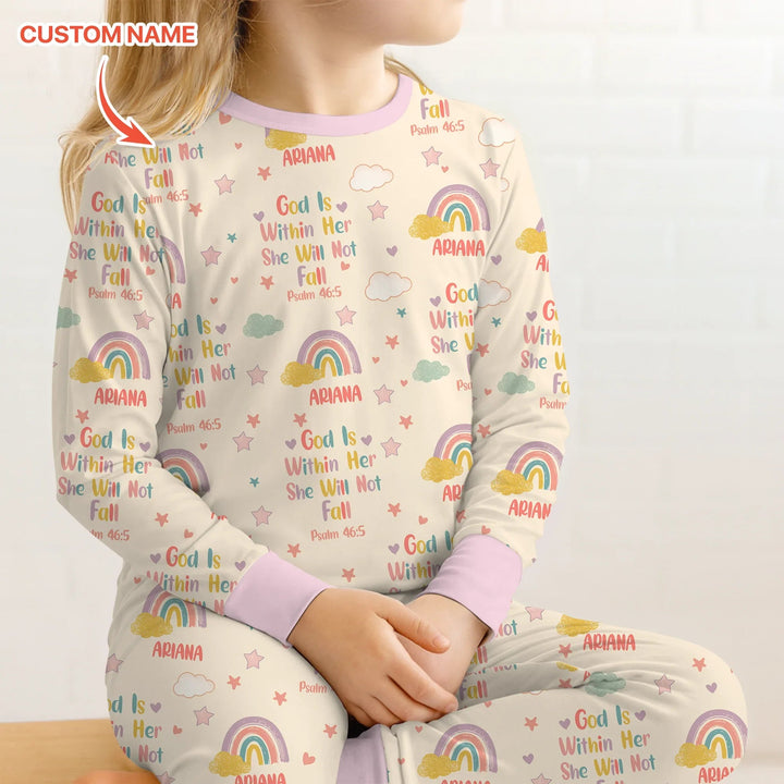 God Is Within Her She Will Not Fall Custom Name Two Piece Long Sleeve Pajama Set - Zumbamboo