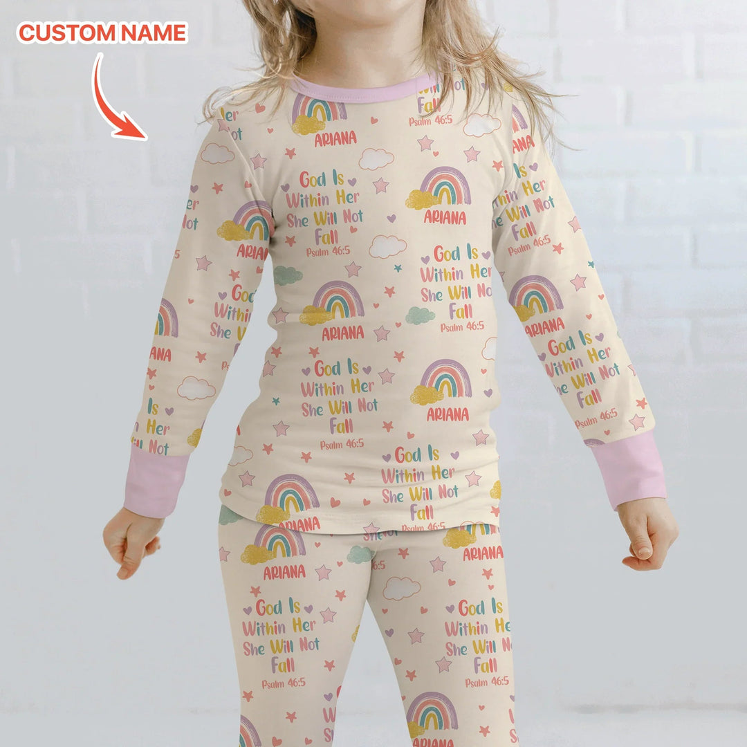 God Is Within Her She Will Not Fall Custom Name Two Piece Long Sleeve Pajama Set - Zumbamboo