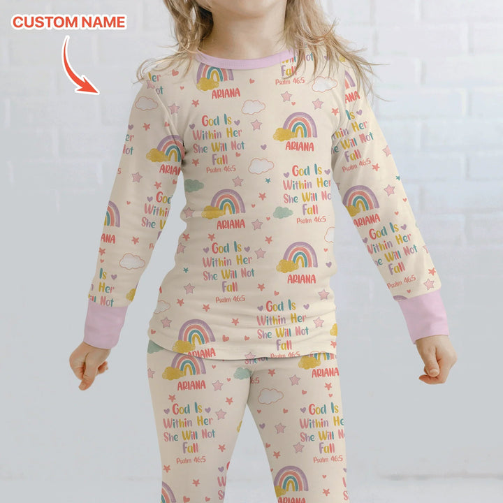 God Is Within Her She Will Not Fall Custom Name Two Piece Long Sleeve Pajama Set - Zumbamboo