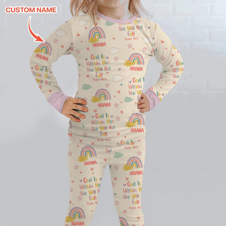 God Is Within Her She Will Not Fall Custom Name Two Piece Long Sleeve Pajama Set - Zumbamboo