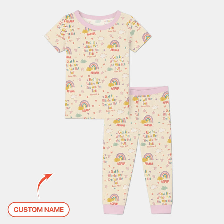 God Is Within Her She Will Not Fall Custom Name Two Piece Short Sleeve Pajama Set - Zumbamboo