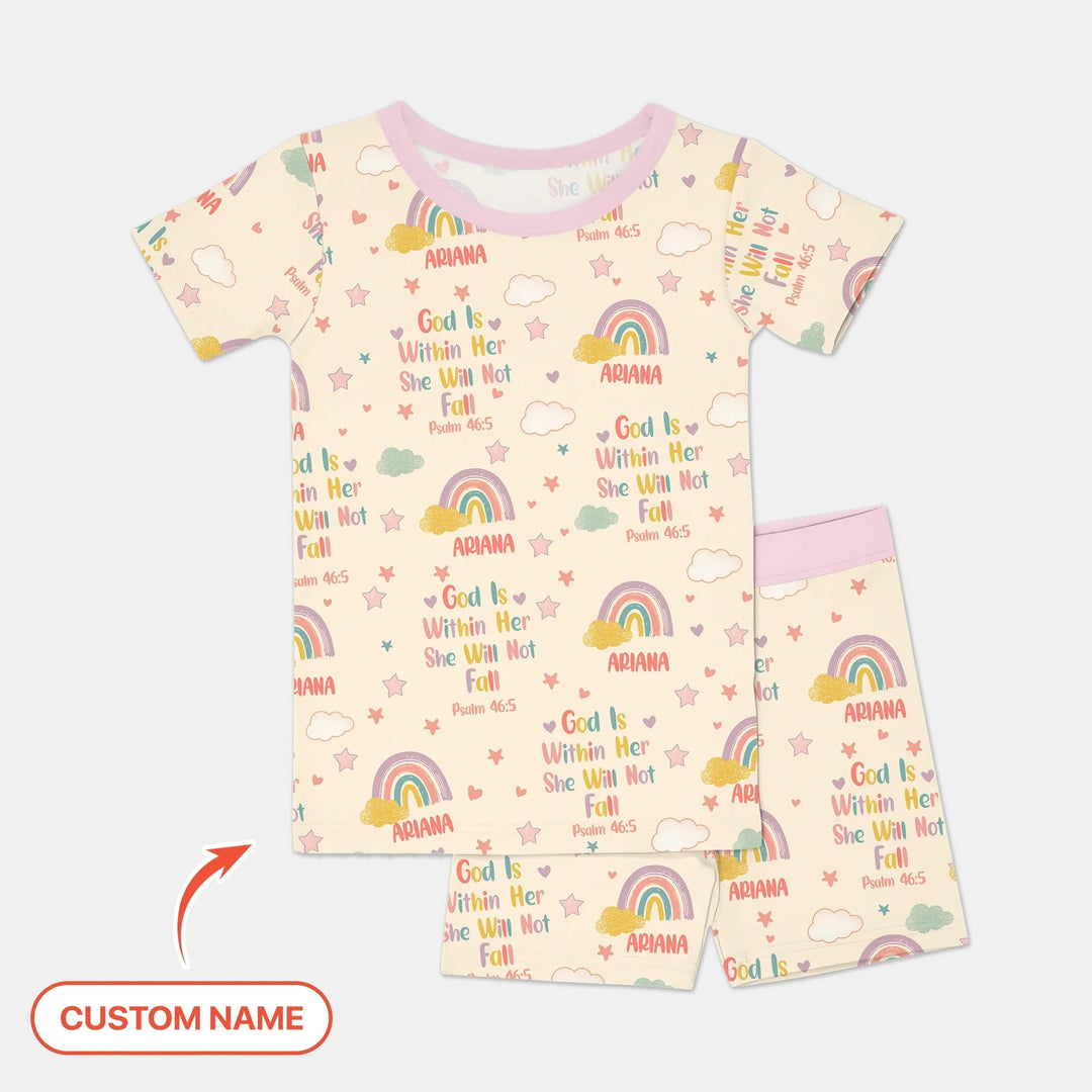 God Is Within Her She Will Not Fall Custom Name Two Piece Short Sleeve Shorts Pajama Set - Zumbamboo