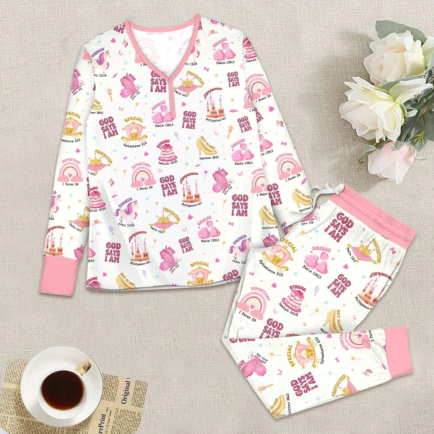 God Say I am Women's Pajama Set , God Say I am Women's Pajama Set - S / White/Pink