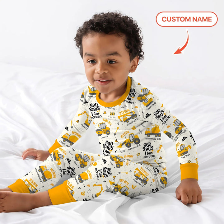 God Says I Am Custom Name Boy Two Piece Long Sleeve Pajama Set - Zumbamboo