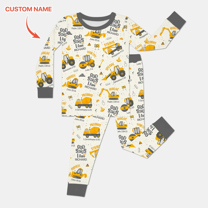 God Says I Am Custom Name Boy Two Piece Long Sleeve Pajama Set - Zumbamboo