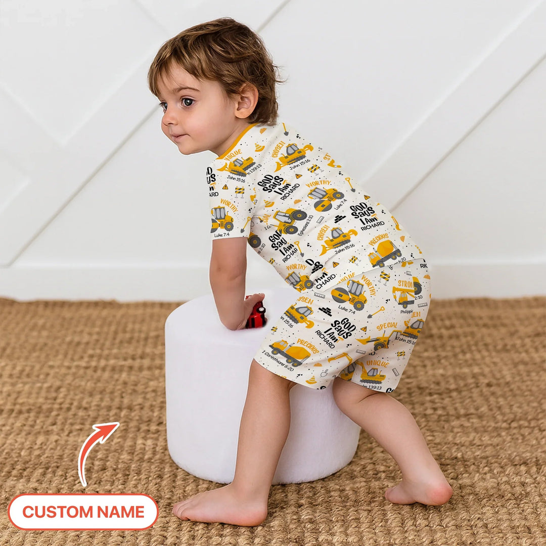 God Says I Am Custom Name Boy Two Piece Short Sleeve Shorts Pajama Set - Zumbamboo
