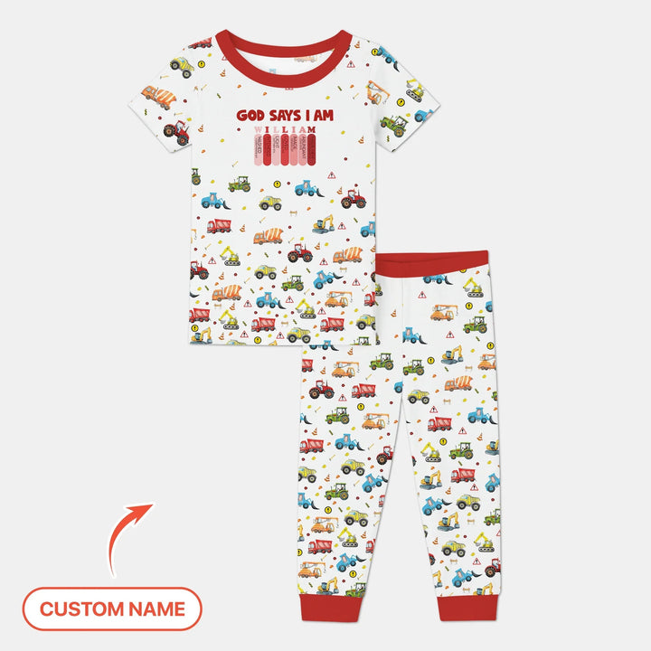 God Says I Am Custom Name Construction Two Piece Short Sleeve Pajama Set - Zumbamboo