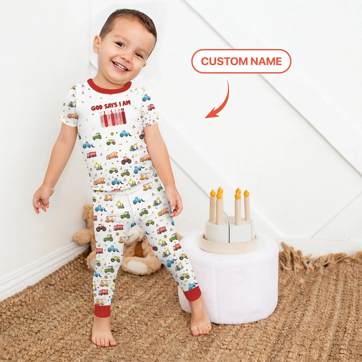 God Says I Am Custom Name Construction Two Piece Short Sleeve Pajama Set - Zumbamboo