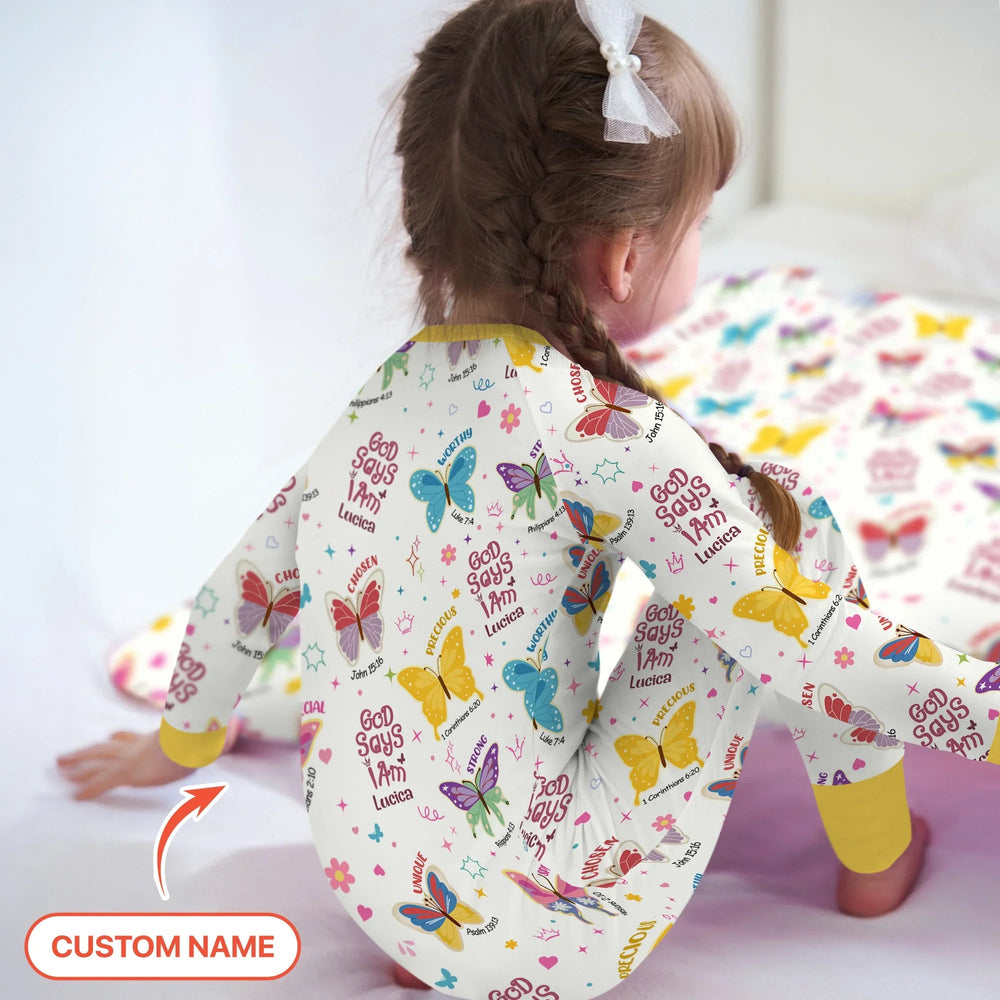 God Says I Am Custom Name Girl Two Piece Long Sleeve Pajama Set - Zumbamboo