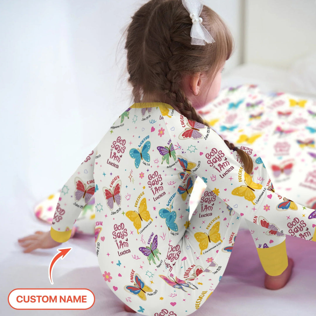 God Says I Am Custom Name Girl Two Piece Long Sleeve Pajama Set - Zumbamboo