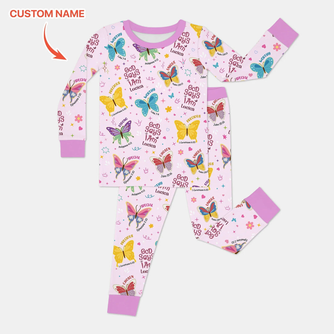 God Says I Am Custom Name Girl Two Piece Long Sleeve Pajama Set - Zumbamboo