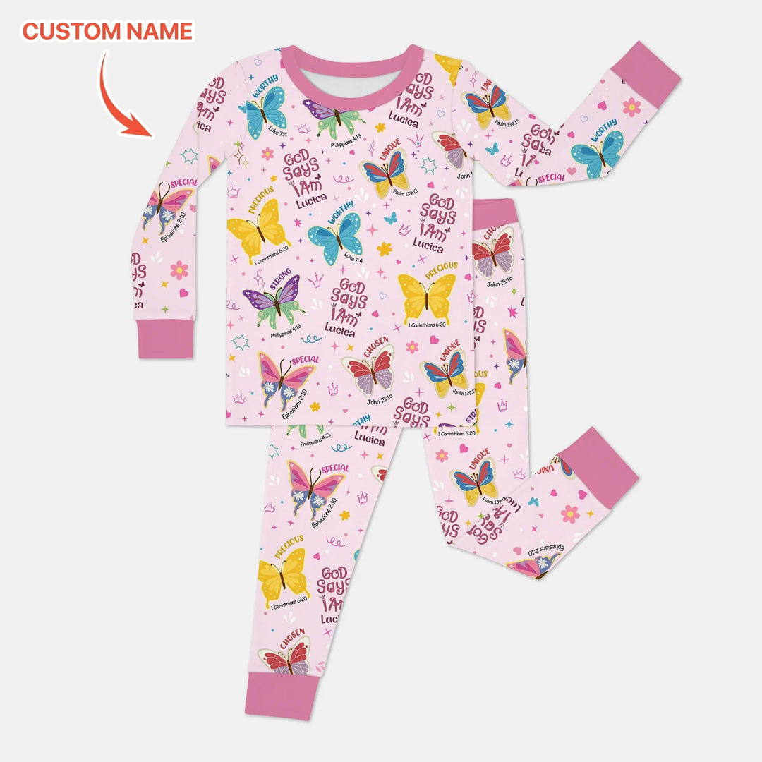 God Says I Am Custom Name Girl Two Piece Long Sleeve Pajama Set - Zumbamboo