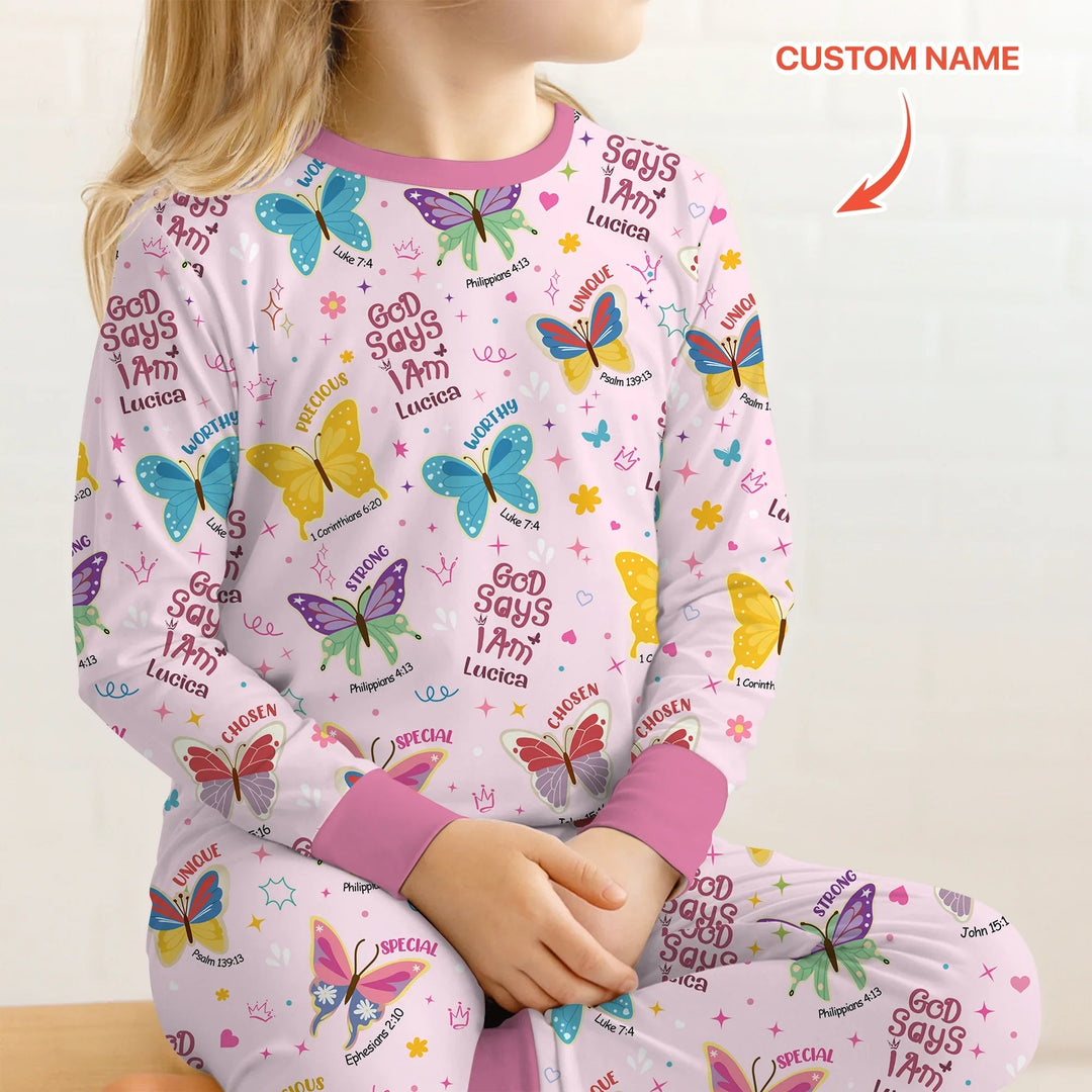 God Says I Am Custom Name Girl Two Piece Long Sleeve Pajama Set - Zumbamboo
