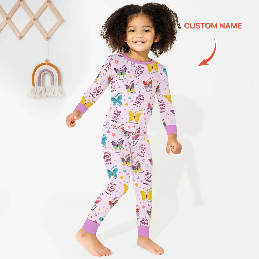 God Says I Am Custom Name Girl Two Piece Long Sleeve Pajama Set - Zumbamboo