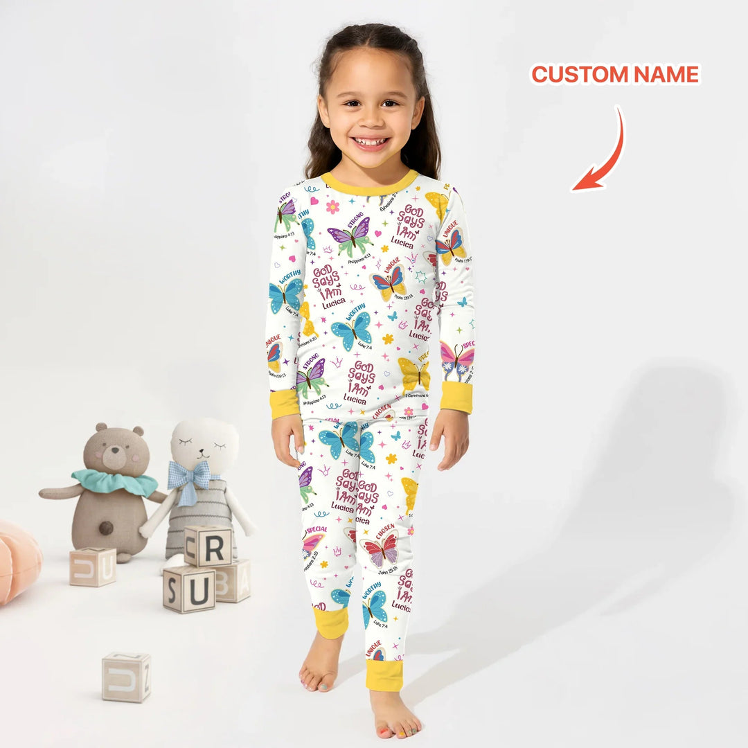 God Says I Am Custom Name Girl Two Piece Long Sleeve Pajama Set - Zumbamboo