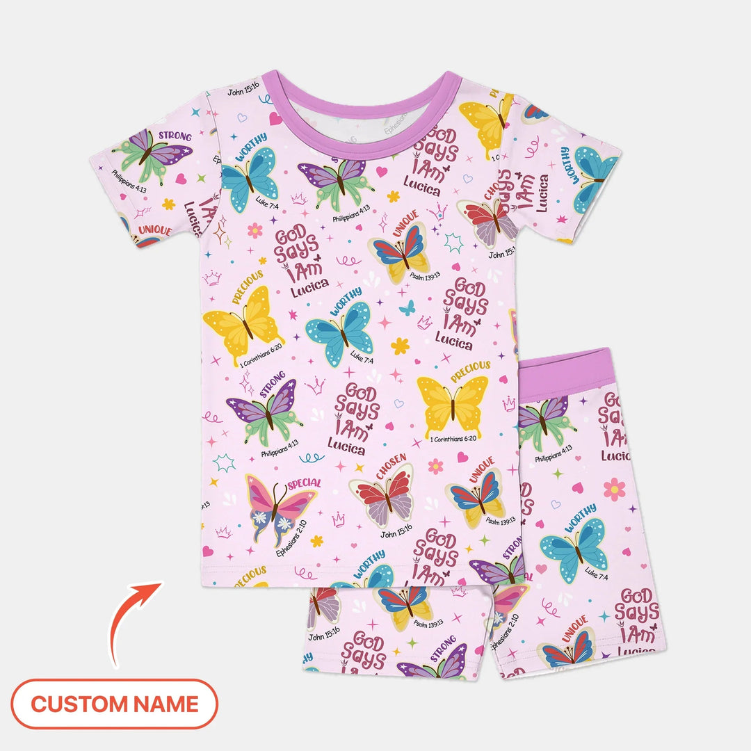 God Says I Am Custom Name Girl Two Piece Short Sleeve Short Pajama Set - Zumbamboo