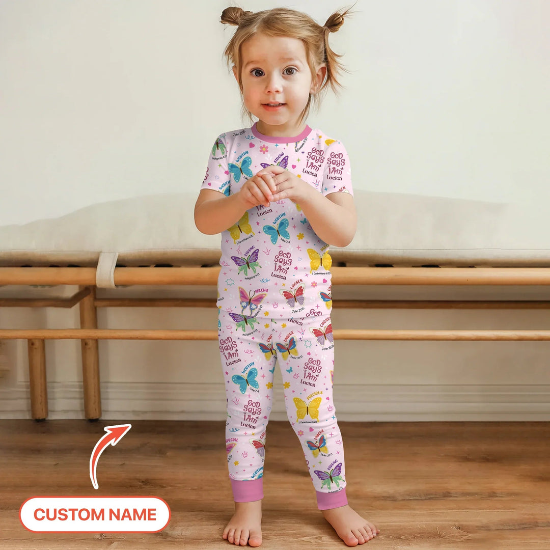 God Says I Am Custom Name GirlTwo Piece Short Sleeve Pajama Set - Zumbamboo