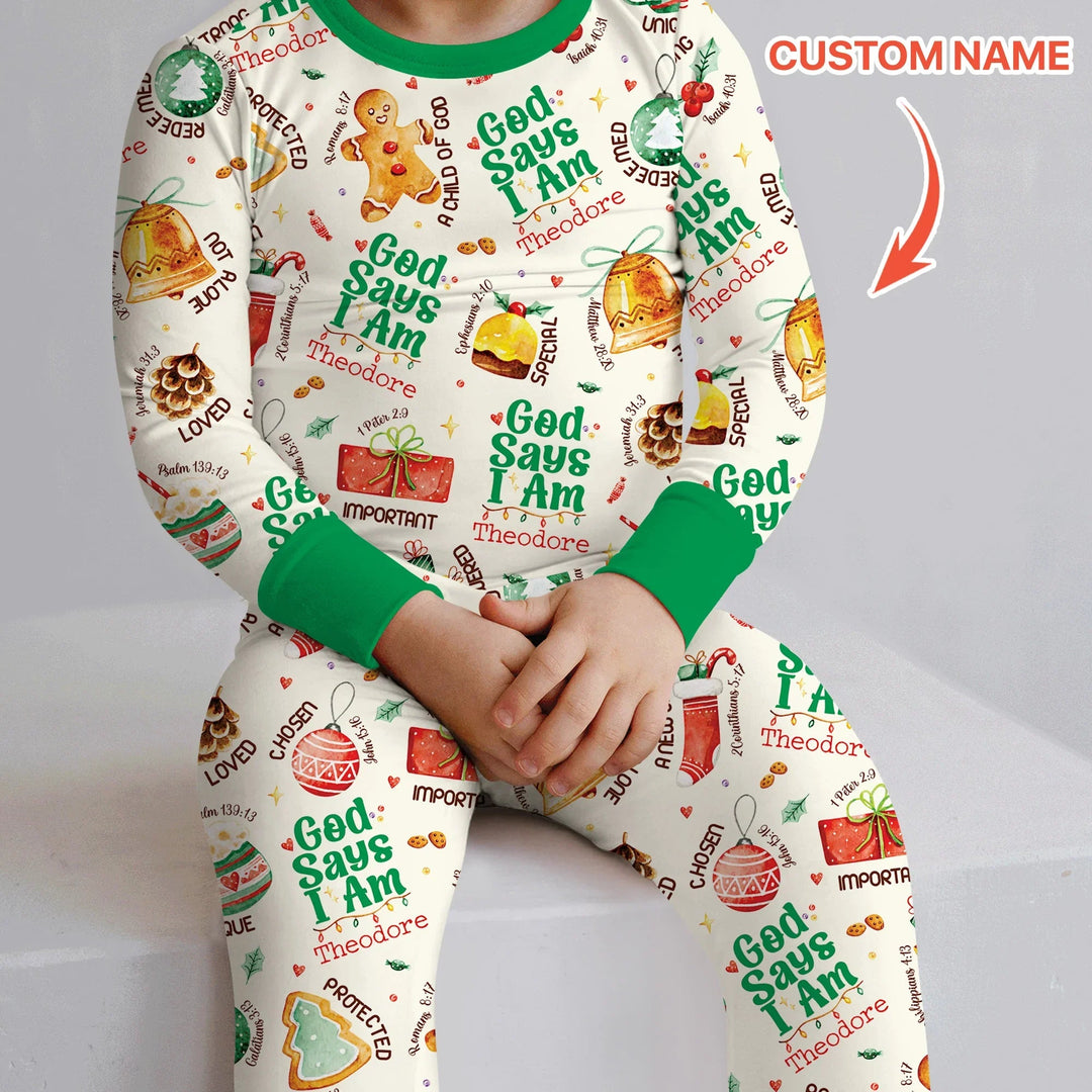 God Says I Am Custom Name Joyful Christmas Two Piece Long Sleeve Pajama Set , God Says I Am Custom Name Joyful Christmas Two Piece Long Sleeve Pajama Set - 12-18M