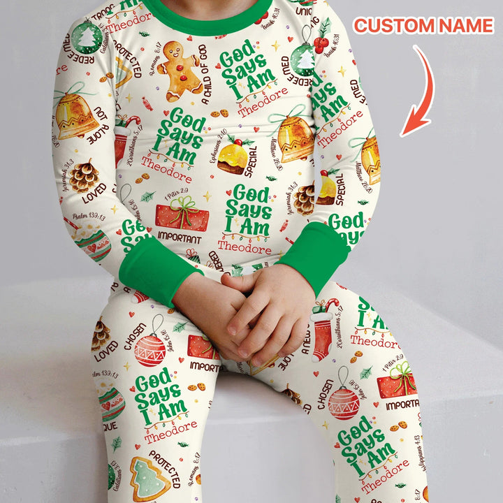 God Says I Am Custom Name Joyful Christmas Two Piece Long Sleeve Pajama Set , God Says I Am Custom Name Joyful Christmas Two Piece Long Sleeve Pajama Set - 12-18M