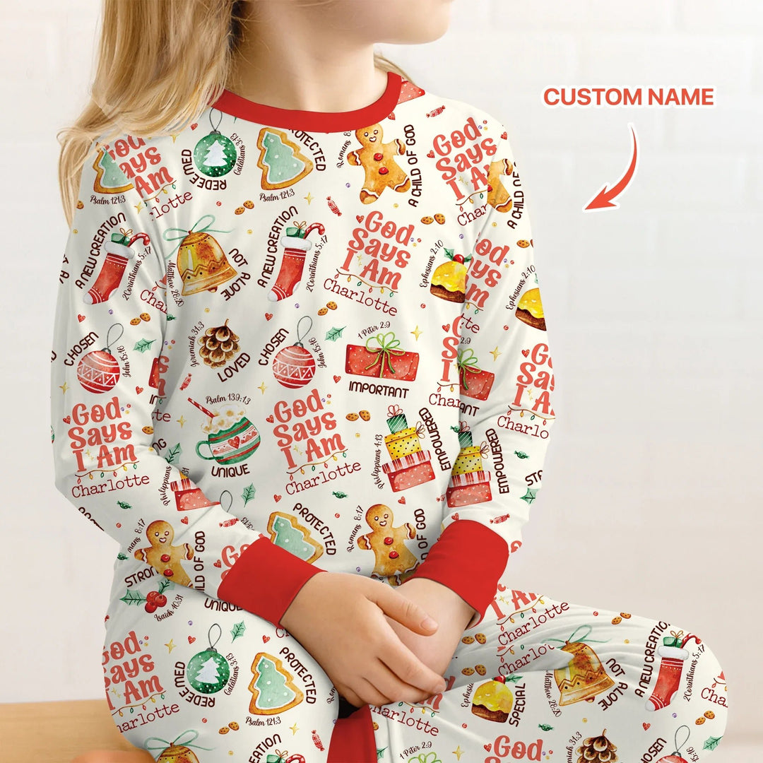 God Says I Am Custom Name Joyful Christmas Two Piece Long Sleeve Pajama Set , God Says I Am Custom Name Joyful Christmas Two Piece Long Sleeve Pajama Set - 12-18M