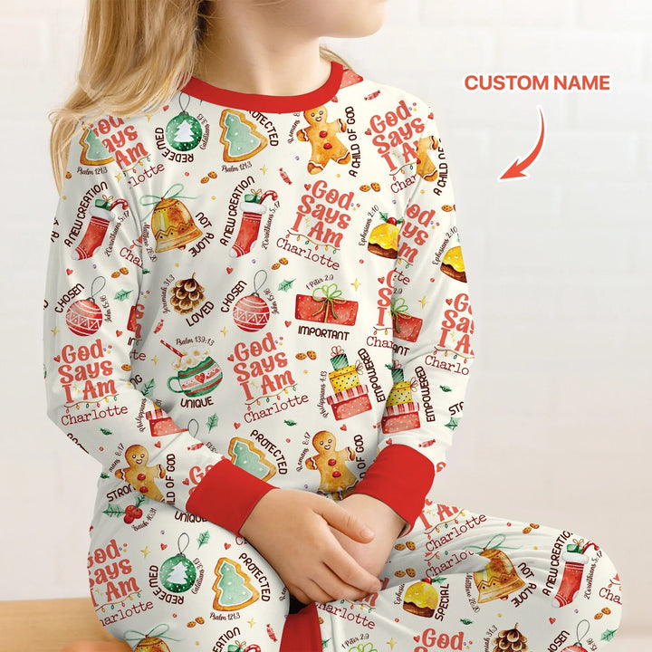 God Says I Am Custom Name Joyful Christmas Two Piece Long Sleeve Pajama Set , God Says I Am Custom Name Joyful Christmas Two Piece Long Sleeve Pajama Set - 12-18M