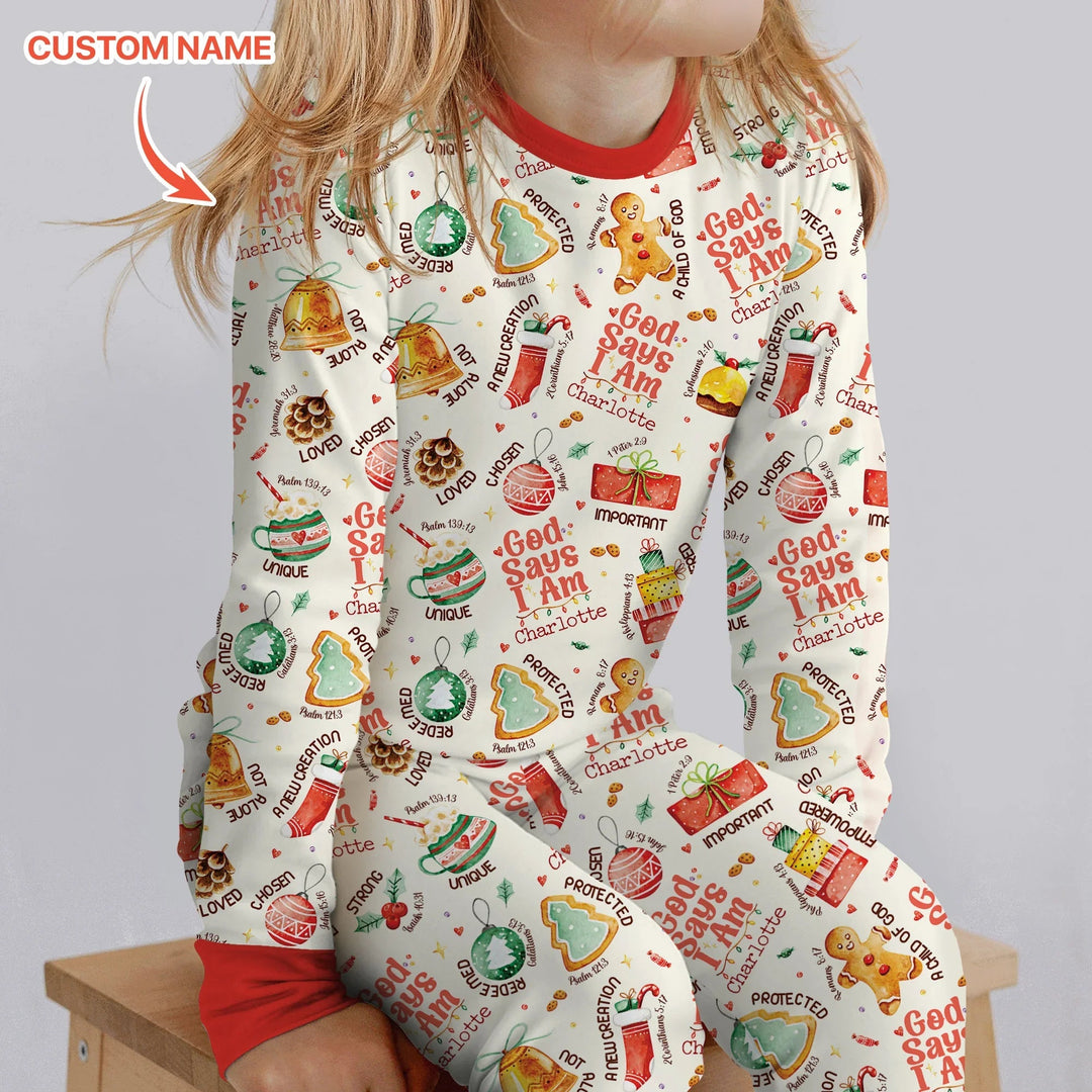 God Says I Am Custom Name Joyful Christmas Two Piece Long Sleeve Pajama Set , God Says I Am Custom Name Joyful Christmas Two Piece Long Sleeve Pajama Set - 12-18M
