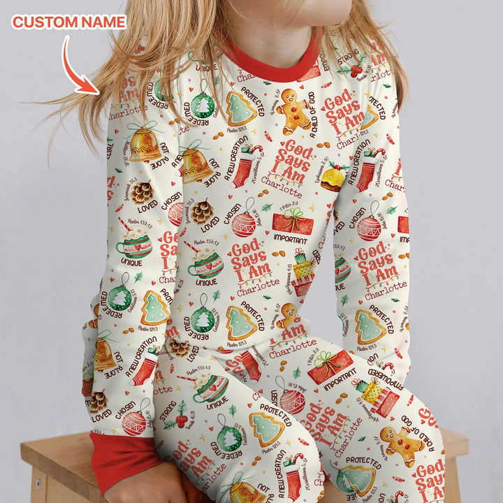 God Says I Am Custom Name Joyful Christmas Two Piece Long Sleeve Pajama Set , God Says I Am Custom Name Joyful Christmas Two Piece Long Sleeve Pajama Set - 12-18M