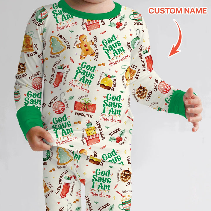 God Says I Am Custom Name Joyful Christmas Two Piece Long Sleeve Pajama Set , God Says I Am Custom Name Joyful Christmas Two Piece Long Sleeve Pajama Set - 12-18M